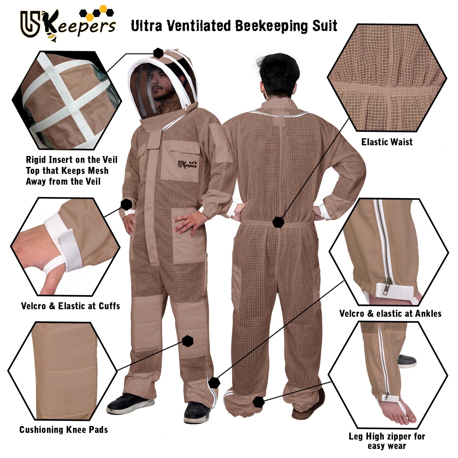 Beekeeping Suit 3 Layer Ventilated Professional Bee Keeper Brown.